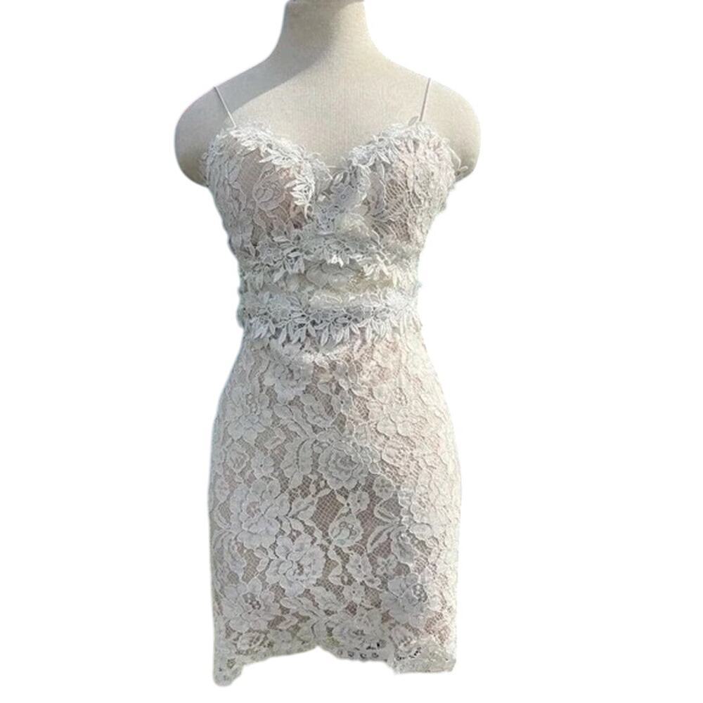 White & Nude Lace Floral Dress